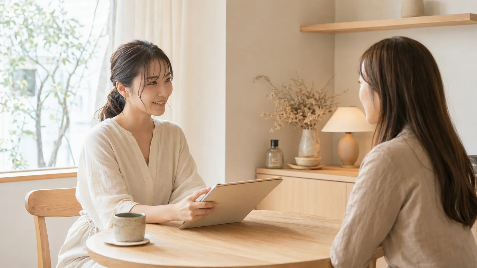 明るい店内の丸テーブルで、スタッフがお客様の希望を丁寧に聞いているカウンセリング風景