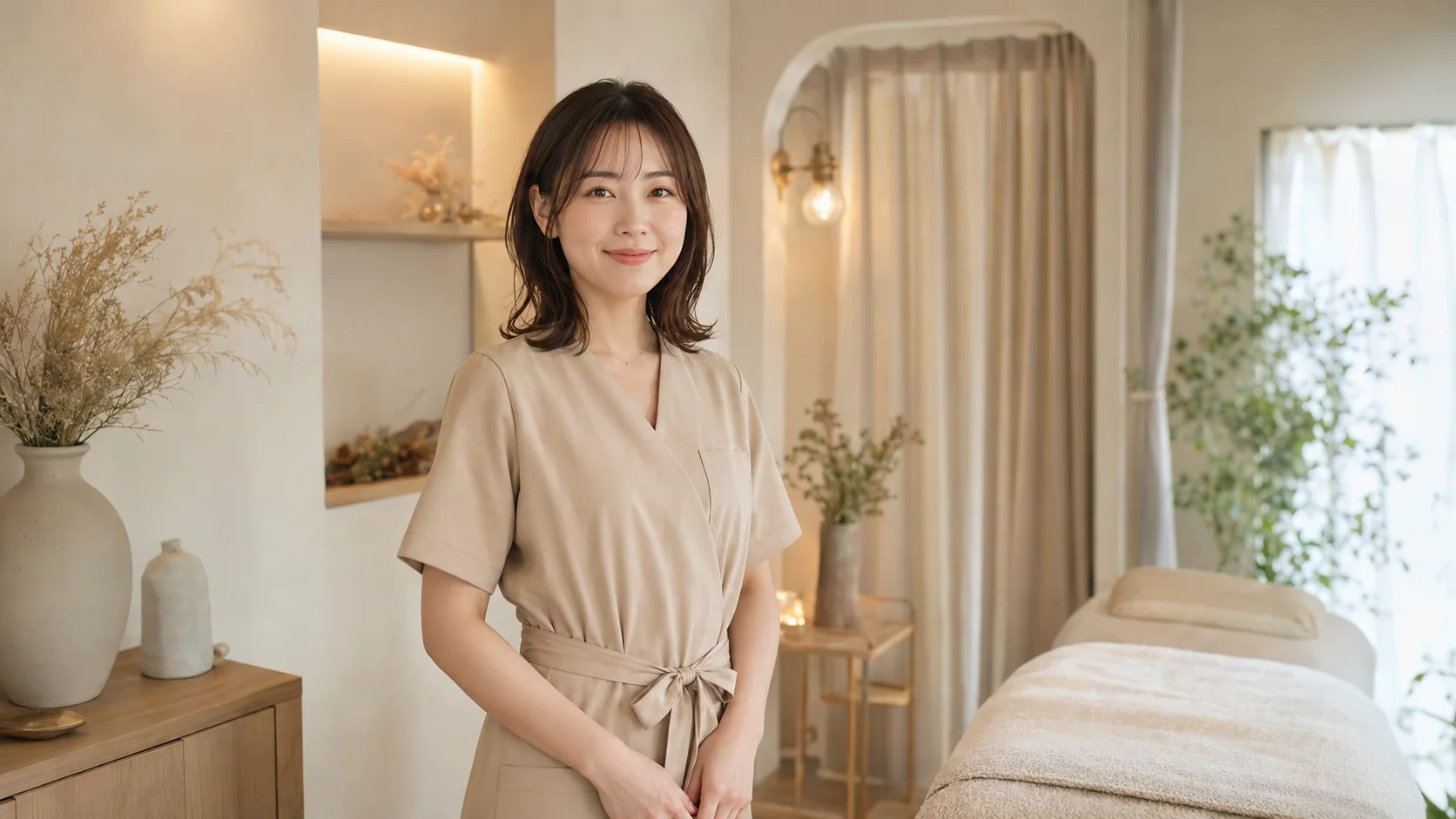 生成り色の施術着を着て、明るいサロン内で穏やかに微笑む女性オーナー