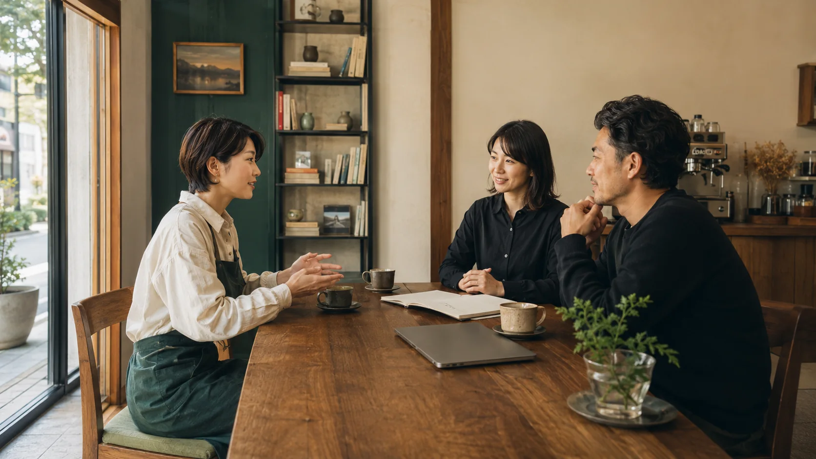 カフェの木のテーブルで、店主を交えて打ち合わせをする三人