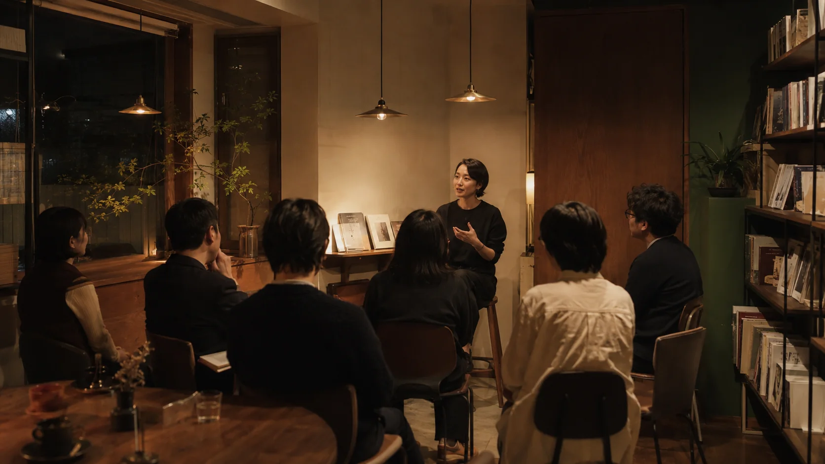 夜のカフェで話し手を囲み、小規模なトークイベントを楽しむ人々