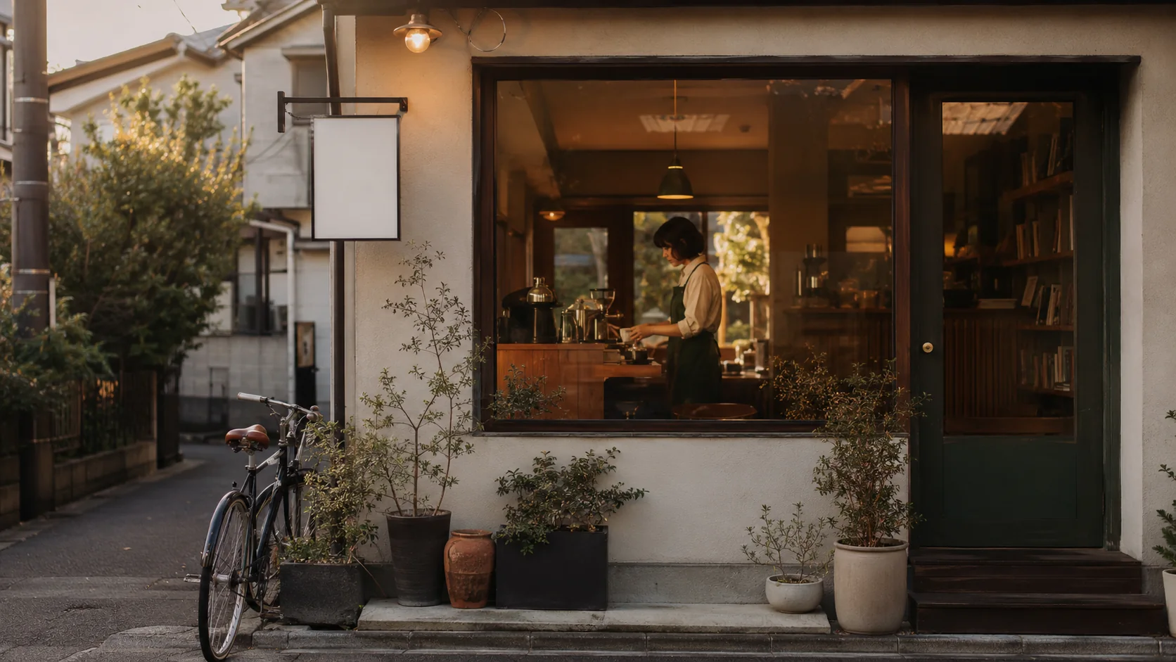 路地に面した本棚のある小さなカフェの外観