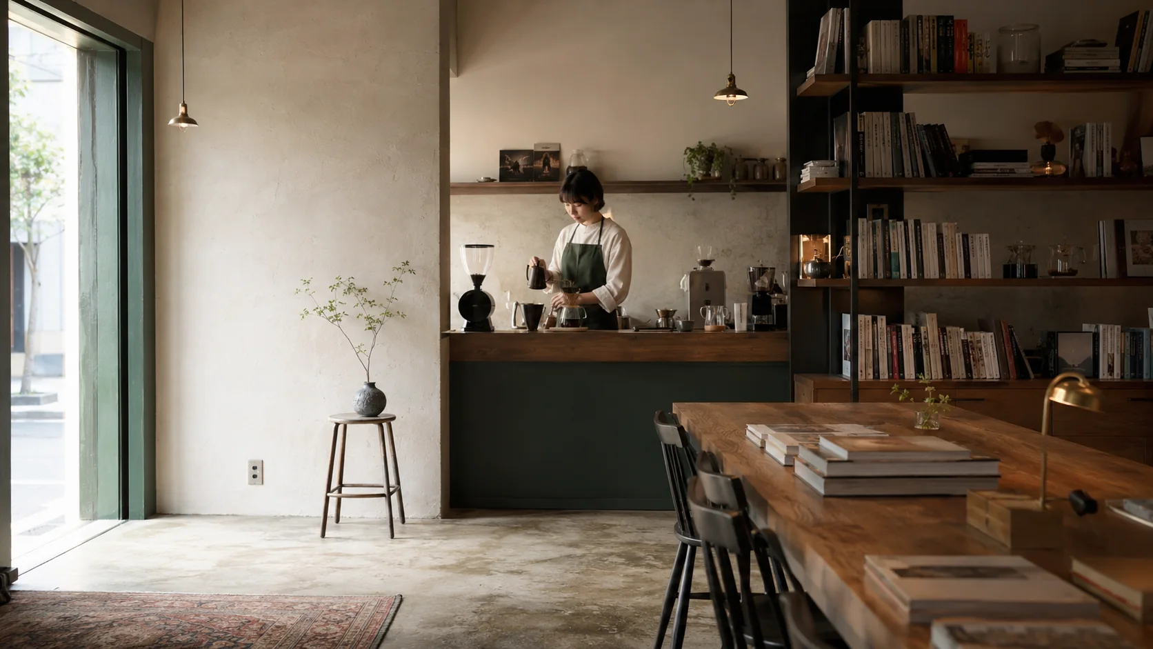 本棚と大きな木のテーブルがあるカフェで、店主がコーヒーを淹れる様子