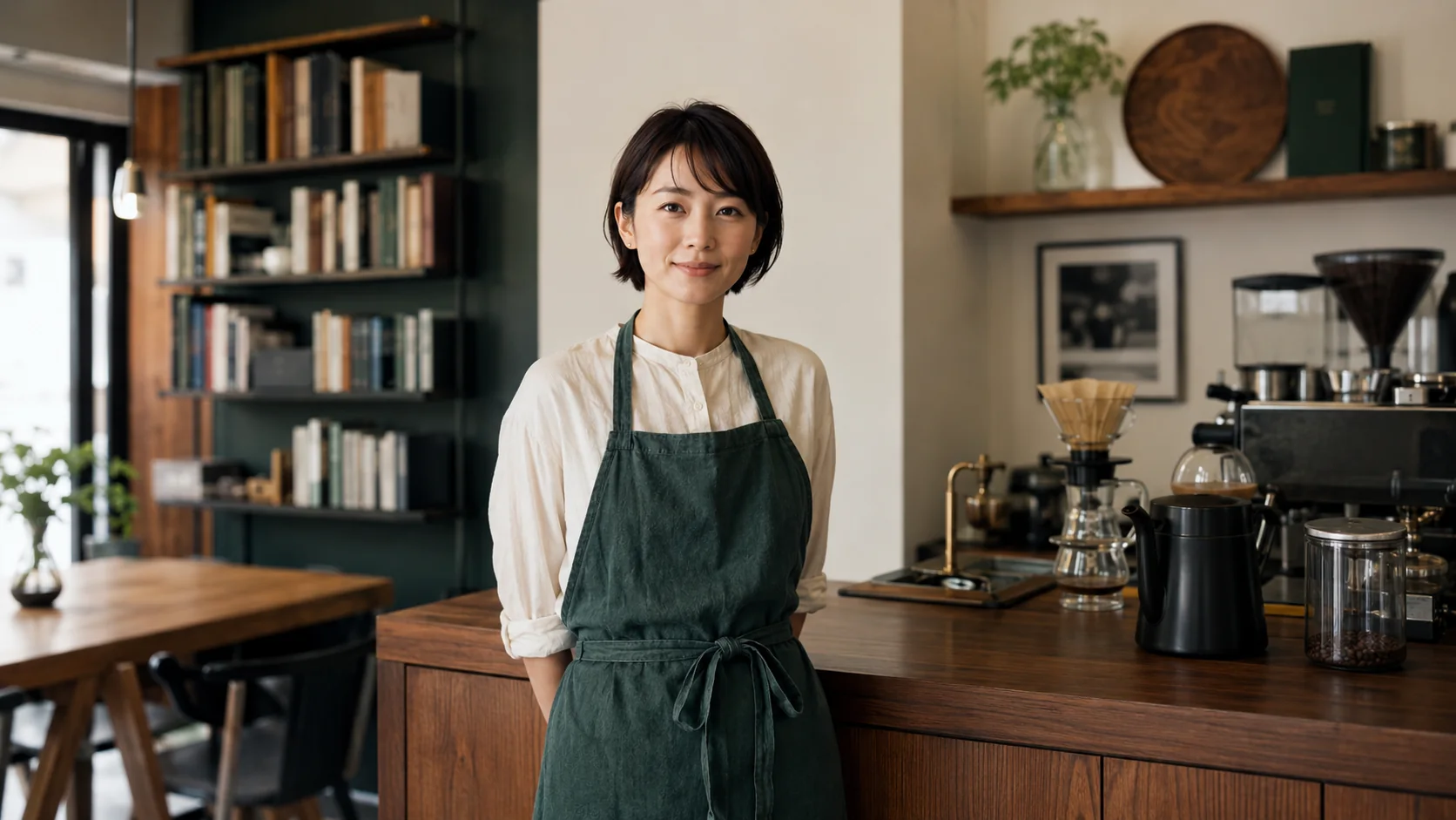 本棚とコーヒー器具のあるカウンターに立つ女性店主